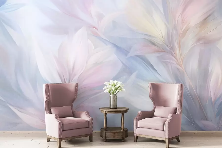 Fotobehang Zachte, pastelkleurige bladeren en veren in roze, blauw en geel, abstracte print met textuur w09634