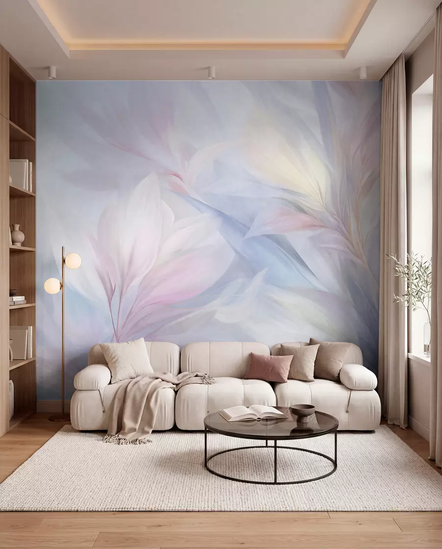 Fotobehang Zachte, pastelkleurige bladeren en veren in roze, blauw en geel, abstracte print met textuur w09634