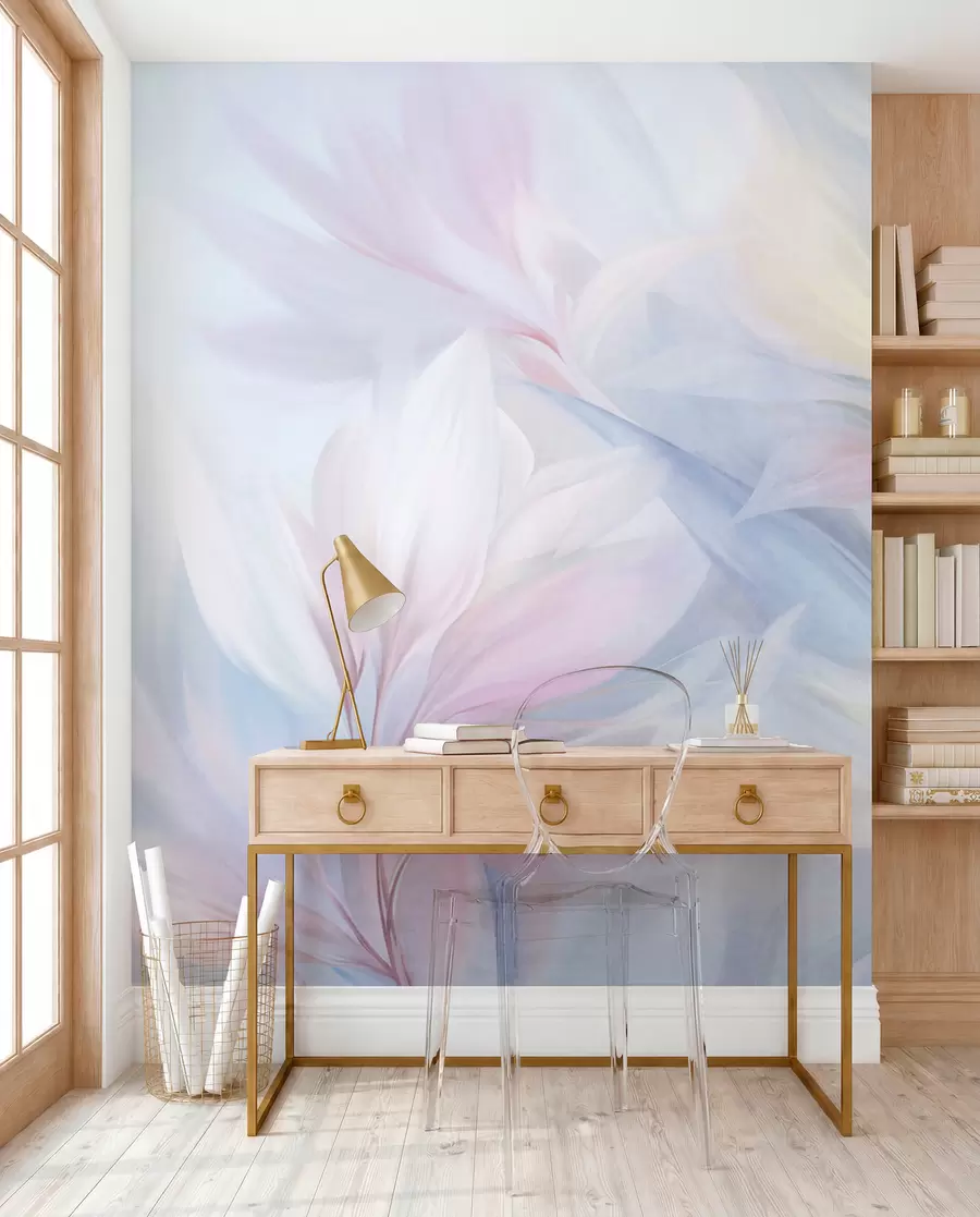 Fotobehang Zachte, pastelkleurige bladeren en veren in roze, blauw en geel, abstracte print met textuur w09634