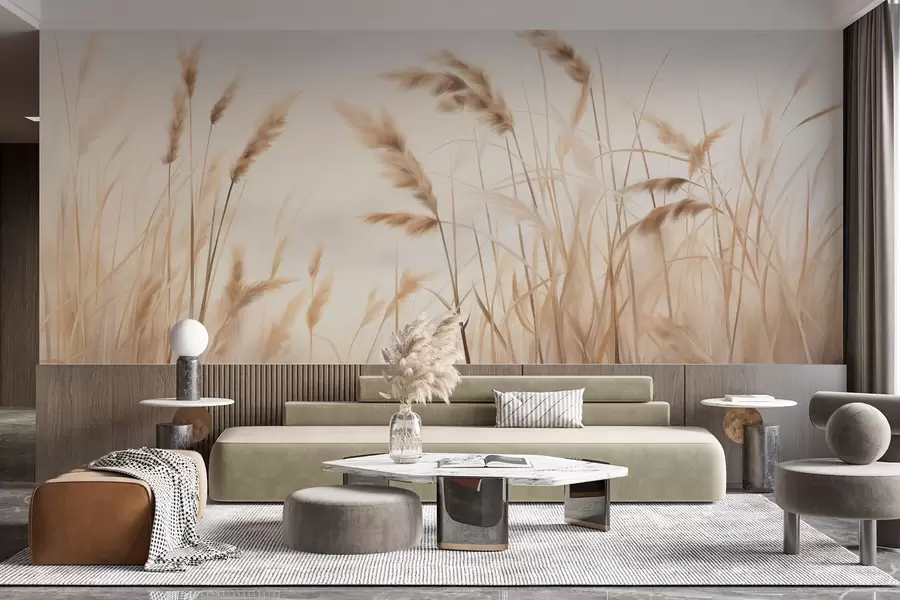 Papier peint photo Hautes herbes sèches et texturées avec des épis de blé dans le champ sur un fond doux et pâle w09648