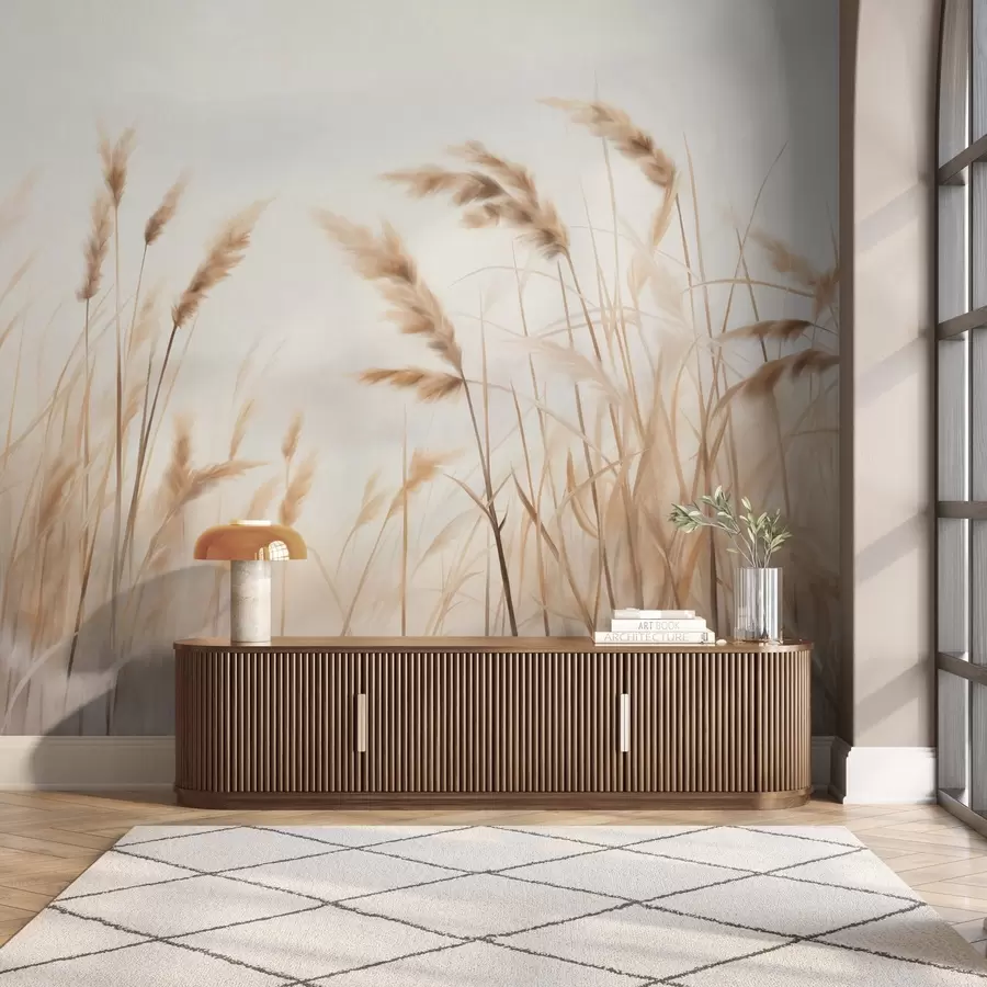 Papier peint photo Hautes herbes sèches et texturées avec des épis de blé dans le champ sur un fond doux et pâle w09648