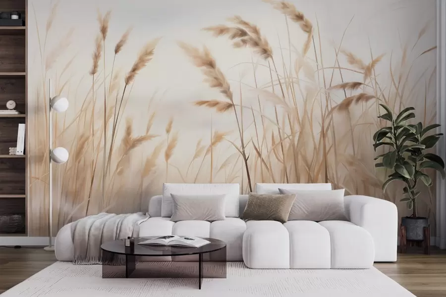 Fotobehang Hoog, gestructureerd droog gras met korenaren in het veld tegen een zachte, bleke achtergrond w09648