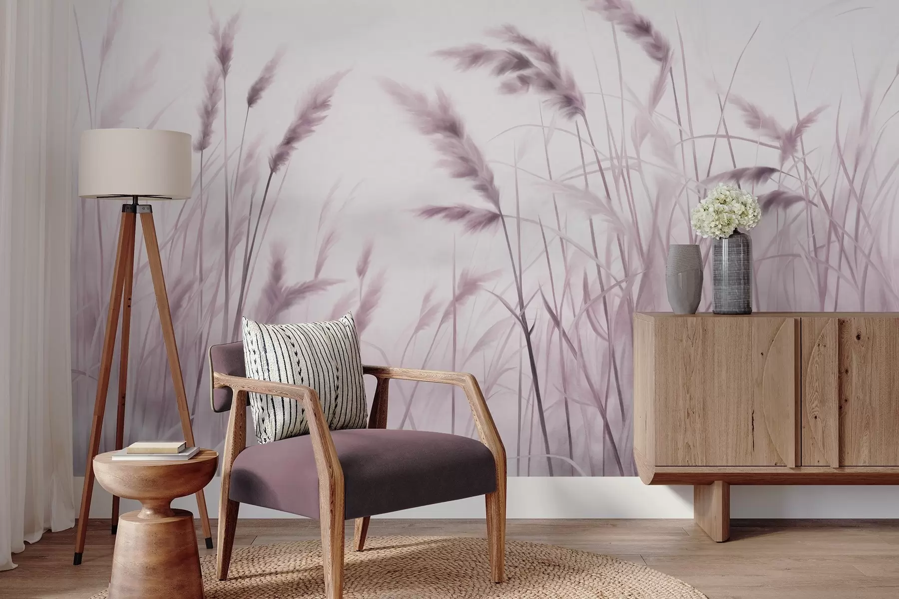 Fotobehang Hoog, gestructureerd droog gras met korenaren in het veld tegen een zachte, bleke achtergrond w09648v2