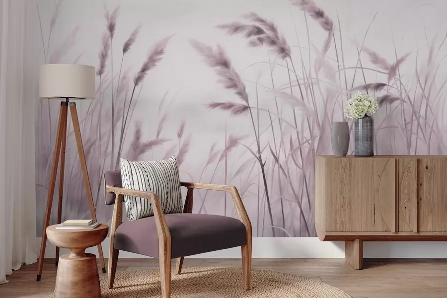 Papier peint photo Hautes herbes sèches et texturées avec des épis de blé dans le champ sur un fond doux et pâle w09648v2