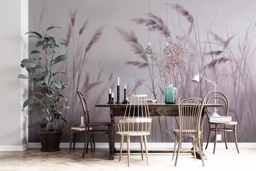 Fotobehang Hoog, gestructureerd droog gras met korenaren in het veld tegen een zachte, bleke achtergrond w09648v2