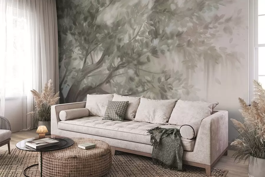 Fotobehang Getextureerde boom met lichtgroene bladeren en takken, met een zachte, wazige achtergrond w09650