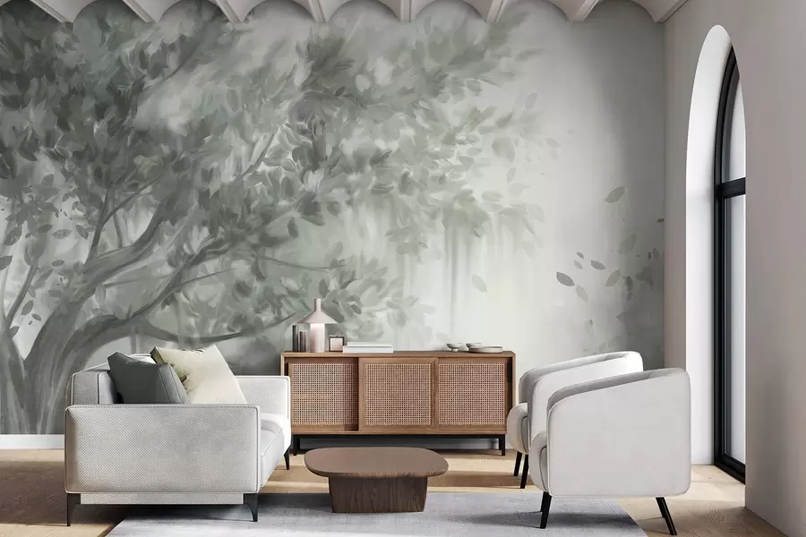 Papier peint photo Arbre texturé avec des feuilles et des branches vertes, sur un fond doux et flou w09650v1