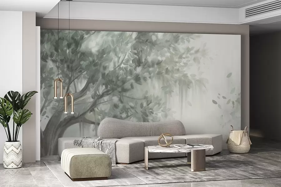 Fotobehang Getextureerde boom met groene bladeren en takken, met een zachte, wazige achtergrond w09650v1