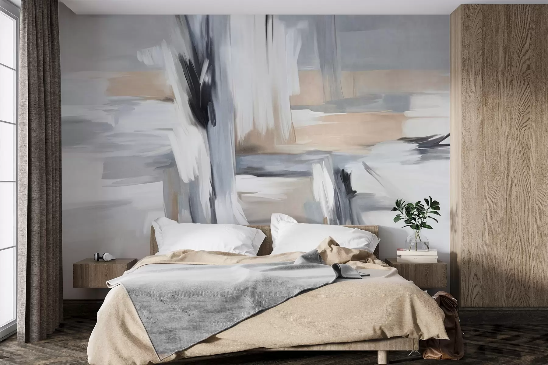 Papier peint photo Peinture abstraite texturée avec des coups de pinceau dans des tons de blanc, gris et beige w09651