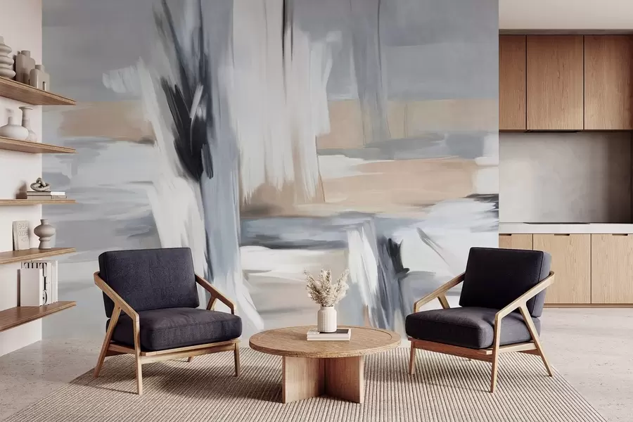 Papier peint photo Peinture abstraite texturée avec des coups de pinceau dans des tons de blanc, gris et beige w09651