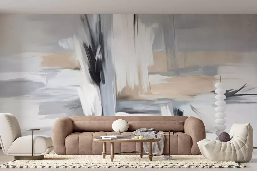 Fotobehang Abstracte schilderstijl met textuur en penseelstreken in tinten wit, grijs en beige w09651