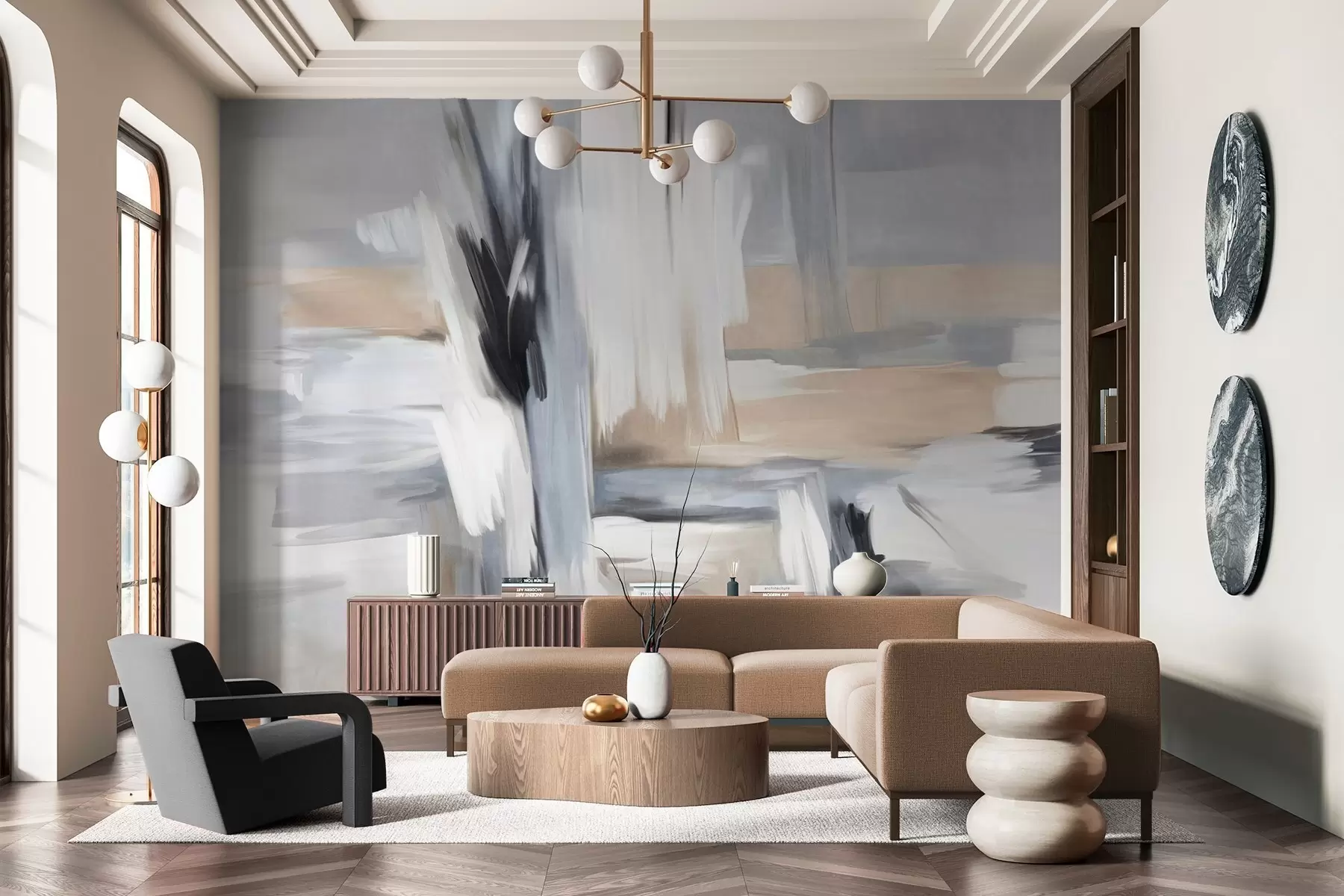 Papier peint photo Peinture abstraite texturée avec des coups de pinceau dans des tons de blanc, gris et beige w09651