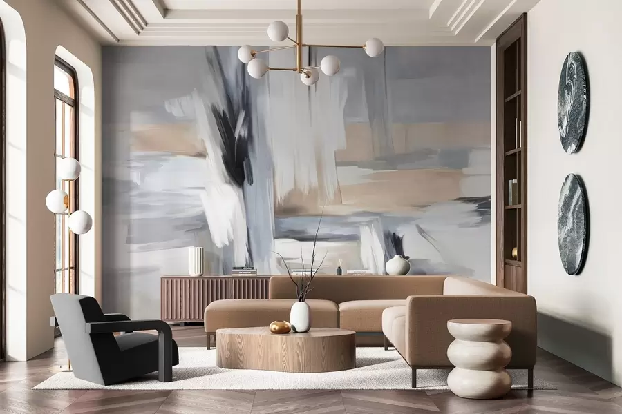 Papier peint photo Peinture abstraite texturée avec des coups de pinceau dans des tons de blanc, gris et beige w09651