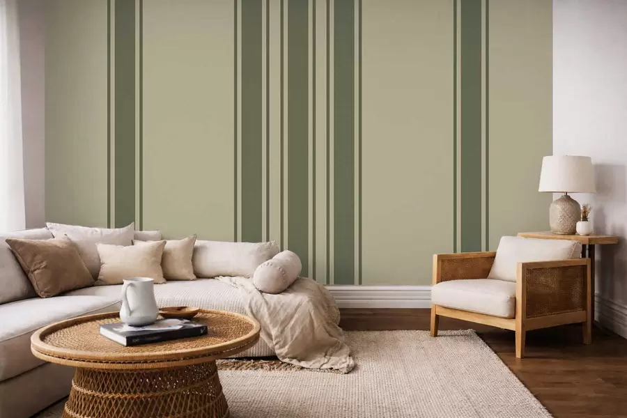 Papier peint photo Rayures verticales dans une palette de couleurs vert et beige discrets w05098