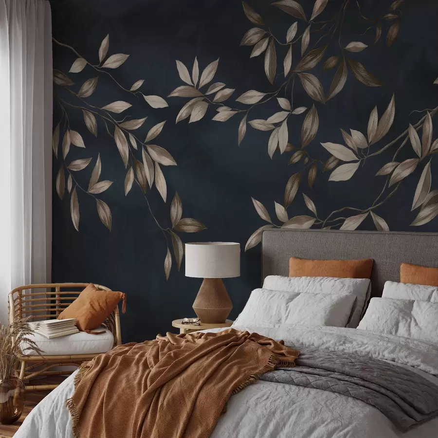 Papier peint photo Branches feuillues décoratives sur fond bleu foncé w05113v1