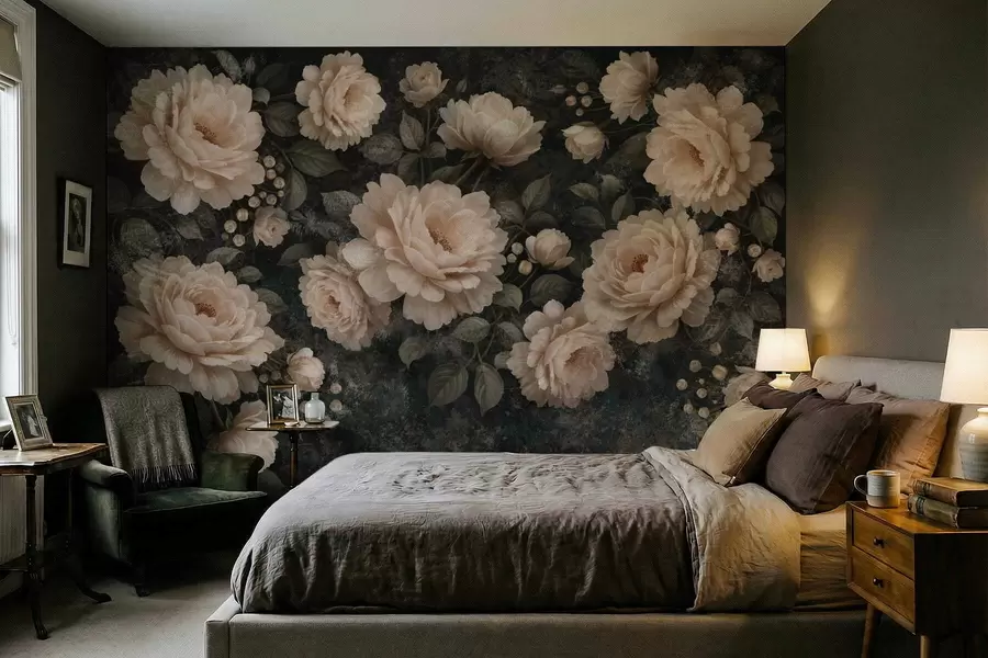 Papier peint photo Fleurs volumineuses dans une palette beige sur fond sombre w05114