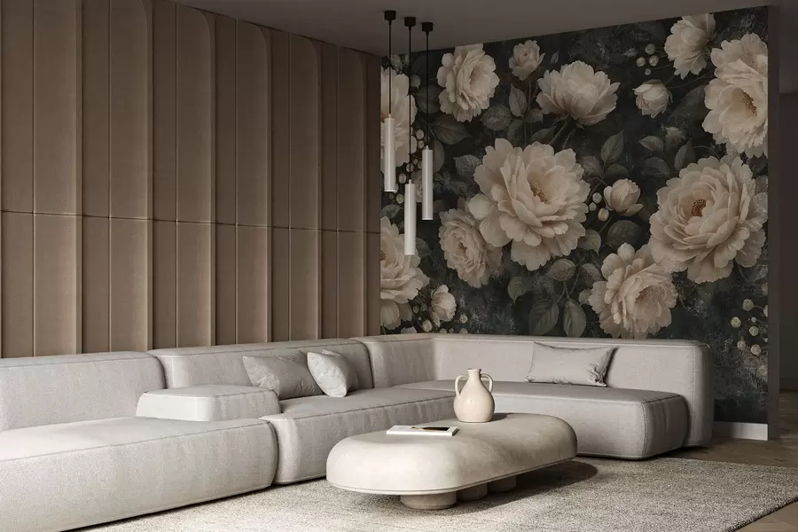 Papier peint photo Fleurs volumineuses dans une palette beige sur fond sombre w05114