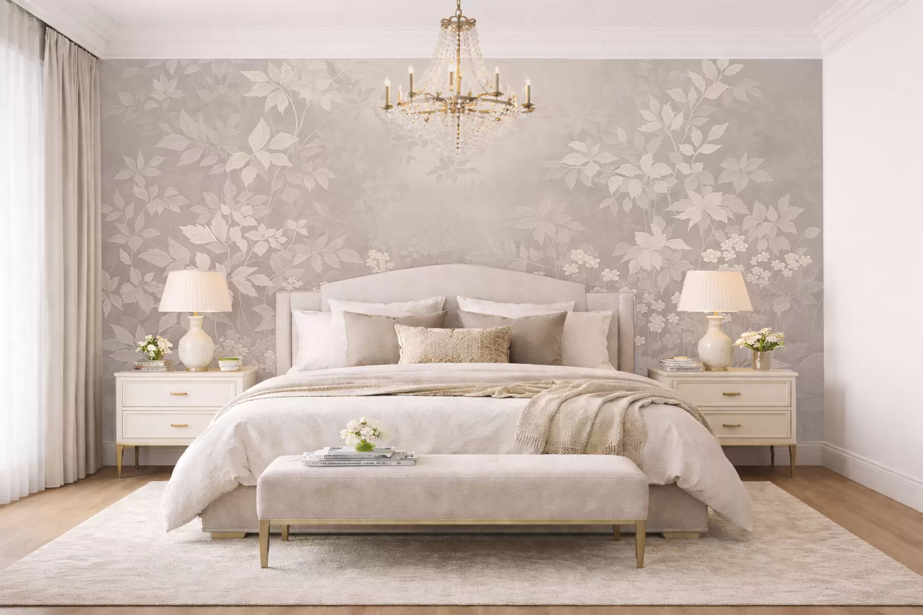 Papier peint photo Ornement botanique léger avec des feuilles et des petites fleurs w05115