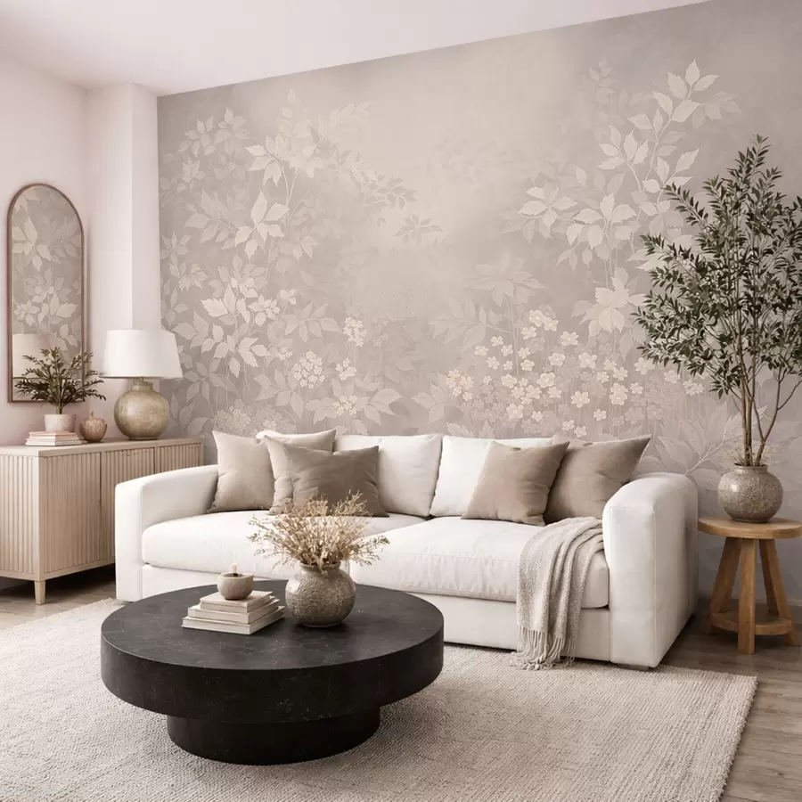 Papier peint photo Ornement botanique léger avec des feuilles et des petites fleurs w05115