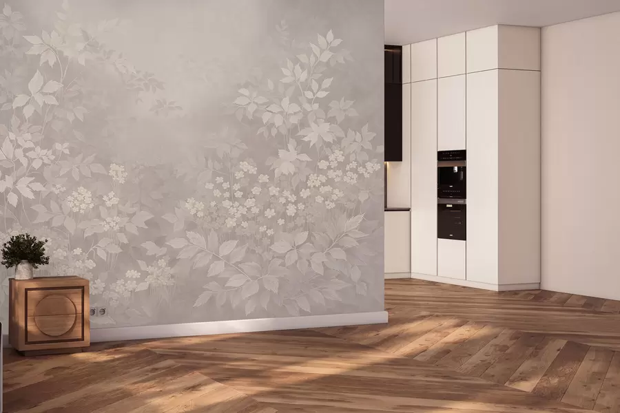 Papier peint photo Ornement botanique léger avec des feuilles et des petites fleurs w05115