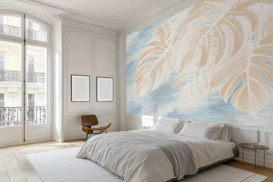 Fotobehang Abstracte bladeren in warme beigetinten op een lichte achtergrond w05130