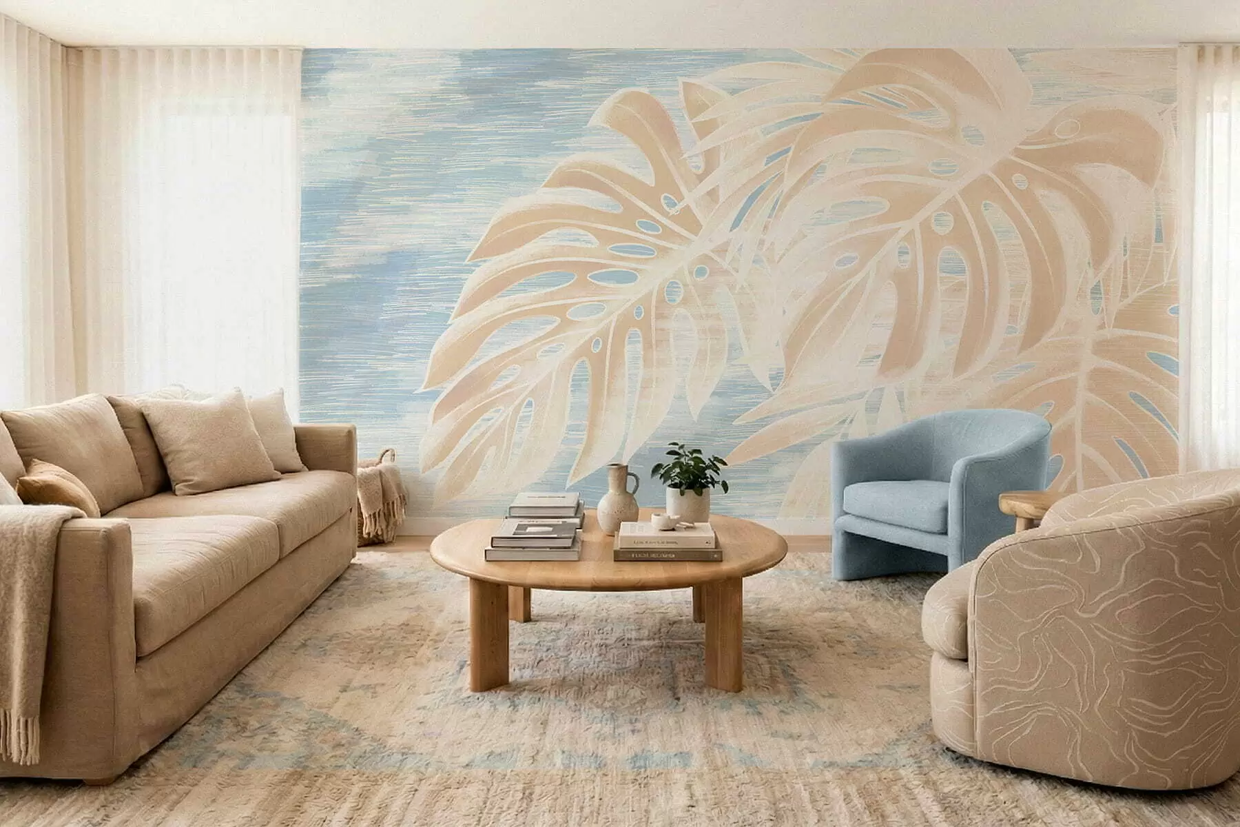 Papier peint photo Feuilles abstraites dans des tons beiges chauds sur fond clair w05130