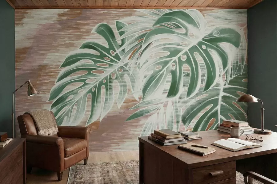 Papier peint photo Feuilles vertes sur un fond abstrait à la texture chaleureuse w05130v3