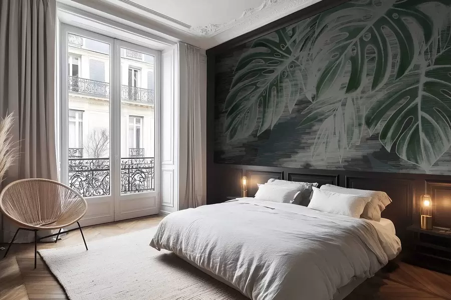 Fotobehang Donkergroene bladeren op een gestructureerde donkere achtergrond w05130v4