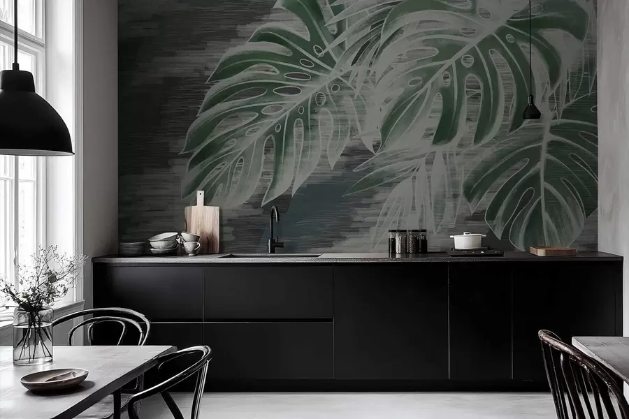 Papier peint photo Feuilles vert foncé sur fond sombre texturé w05130v4