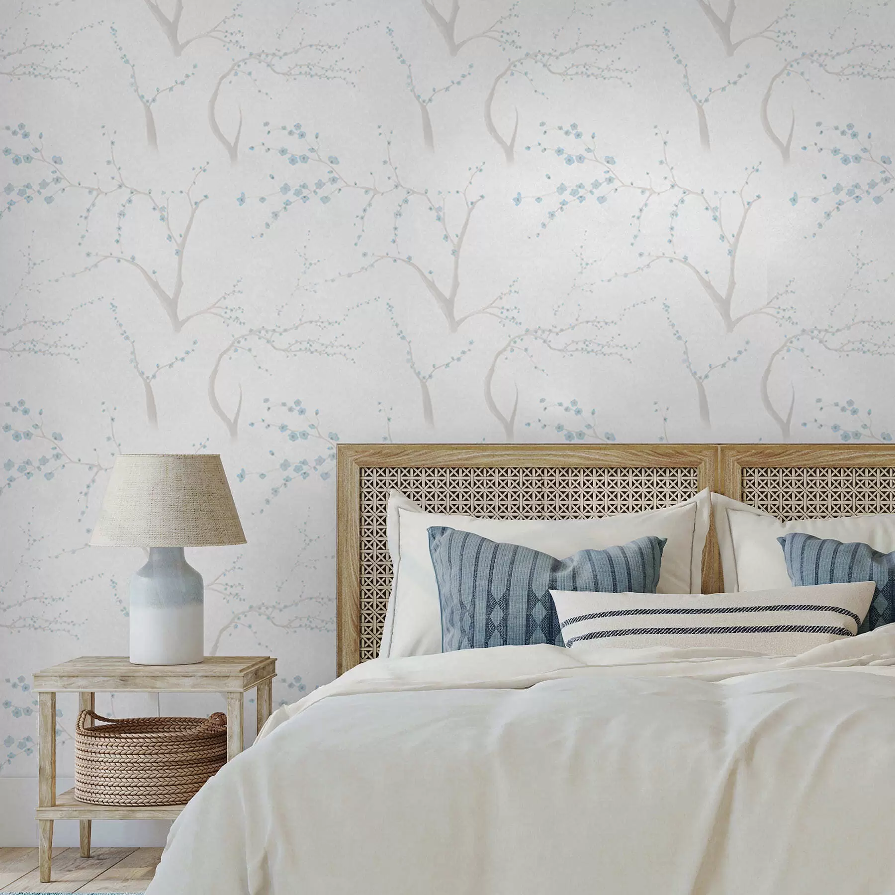 Fotobehang Lichte takken met blauwe bloesems a01111