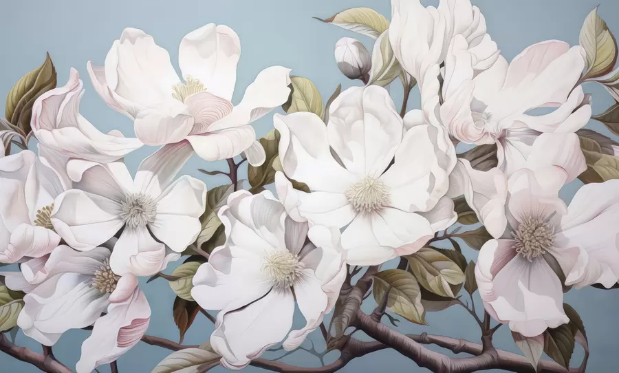 Fotobehang Weelderige bloemen op een boomtak w05178