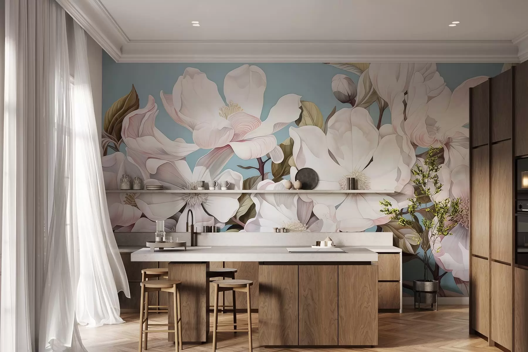 Fotobehang Weelderige bloemen op een boomtak w05178