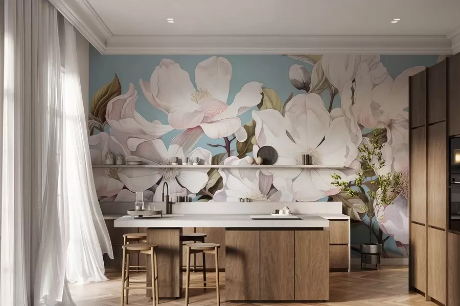 Papier peint photo Des fleurs luxuriantes sur une branche d'arbre w05178