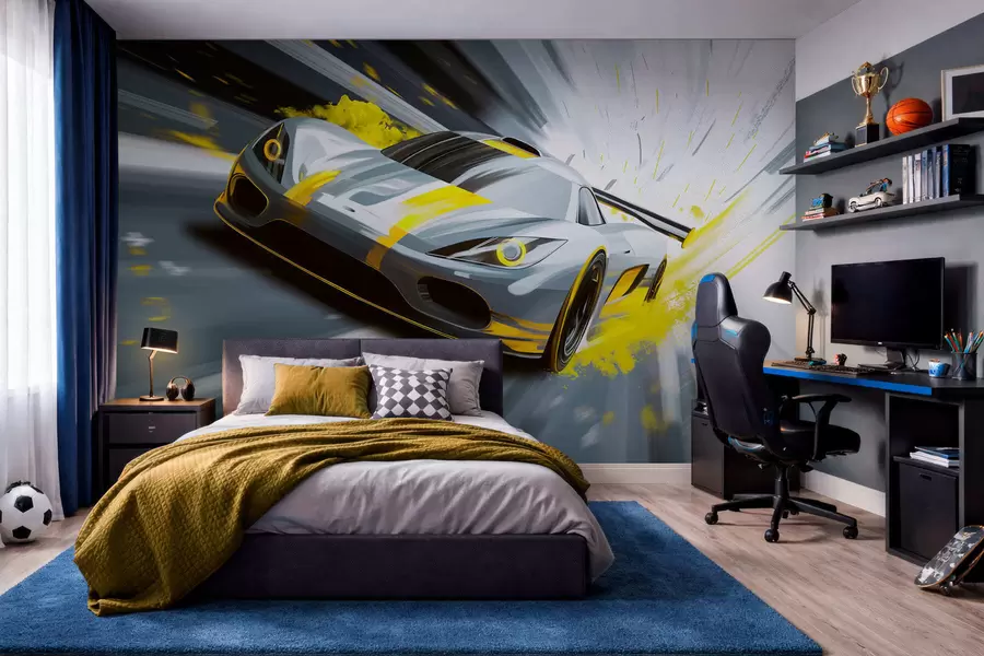 Papier peint photo voiture de sport dynamique dans un style de dessin numérique avec des accents jaunes w05069v2