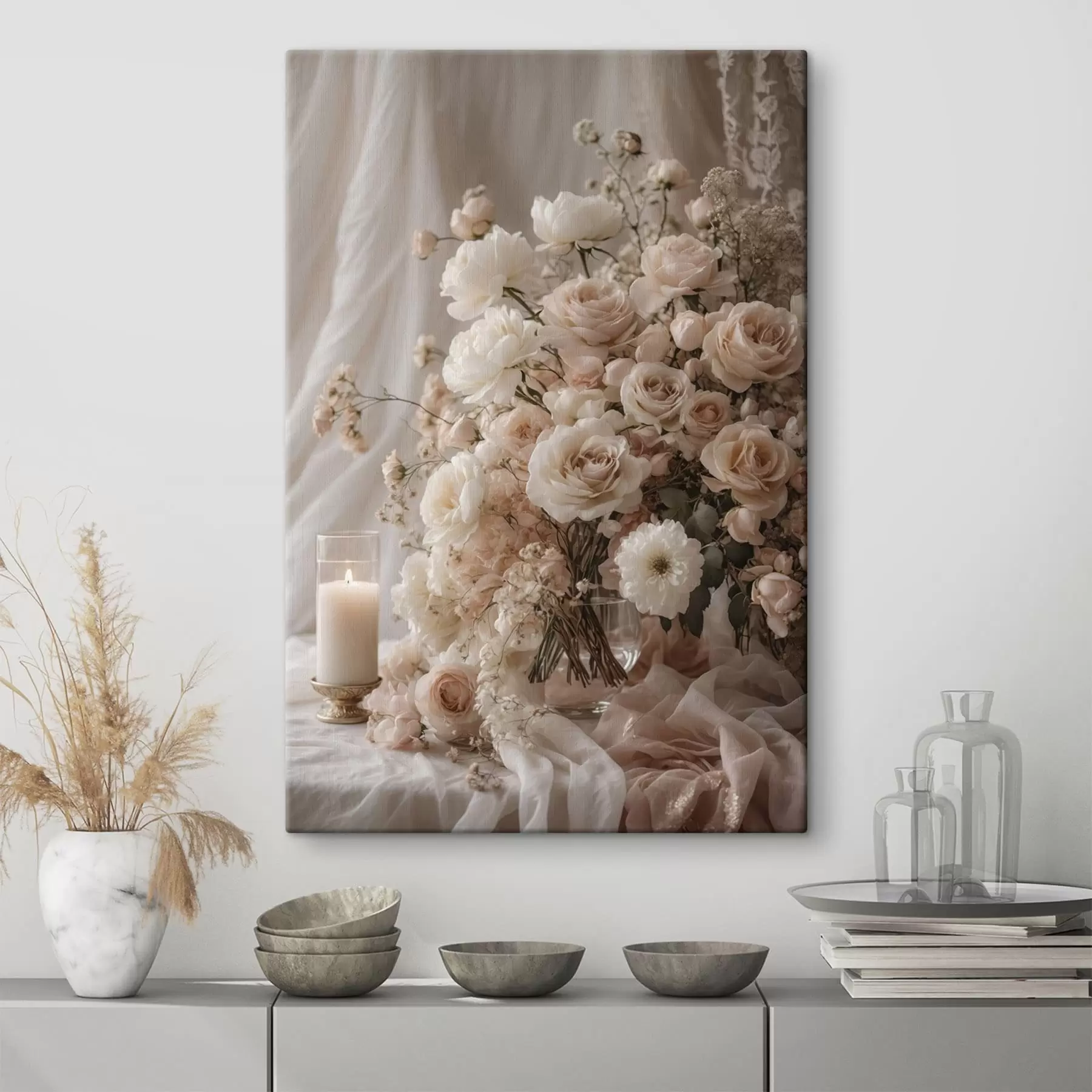  Schilderijen Crèmekleurige bloemen naast een brandende kaars s47281