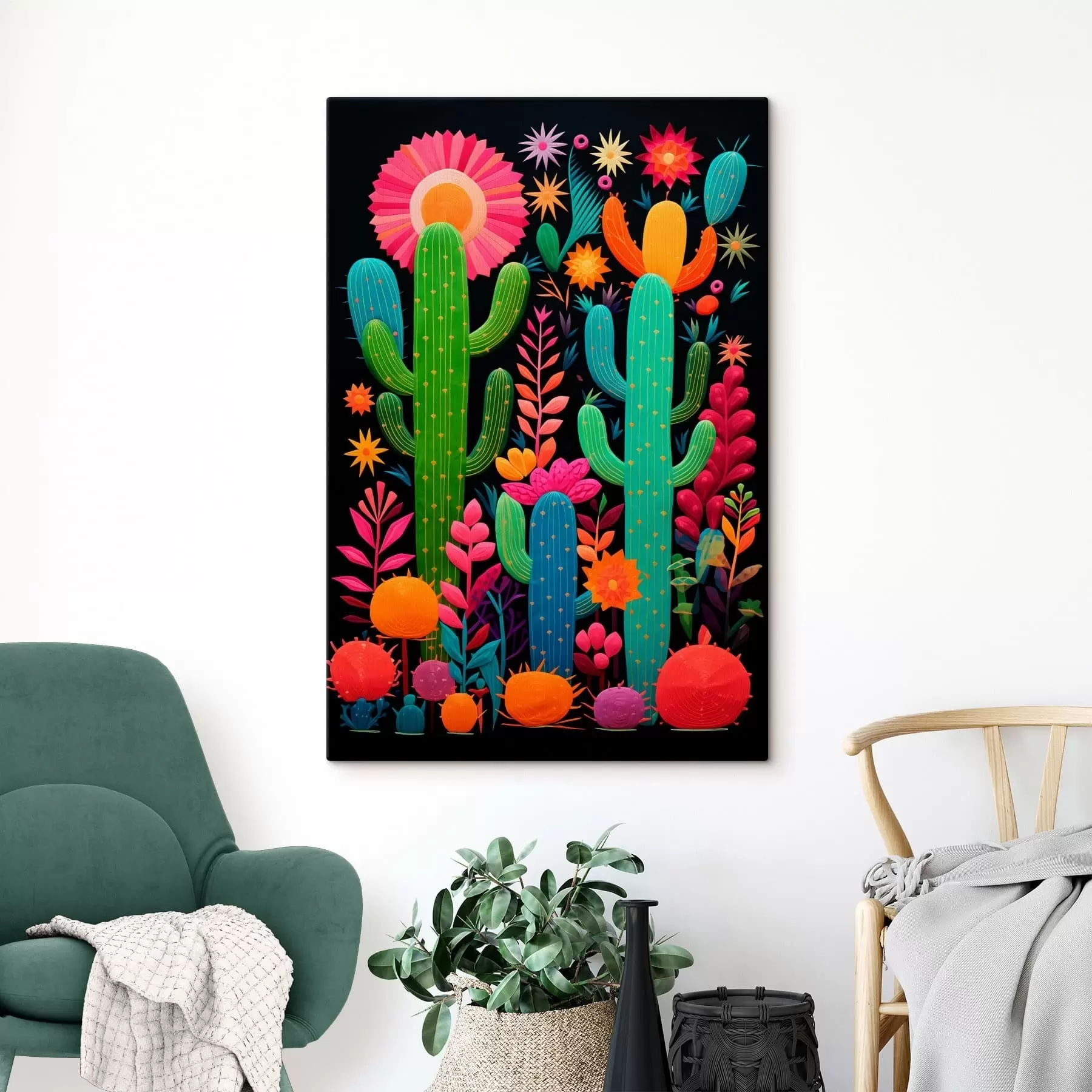  Schilderijen Levendige cactussen en bloemen op donkere achtergrond s47297