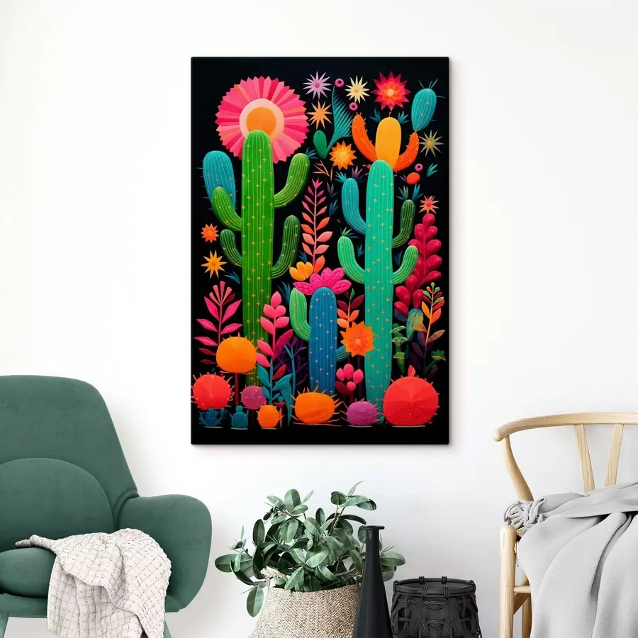  Peintures Cactus et fleurs éclatants sur fond sombre s47297