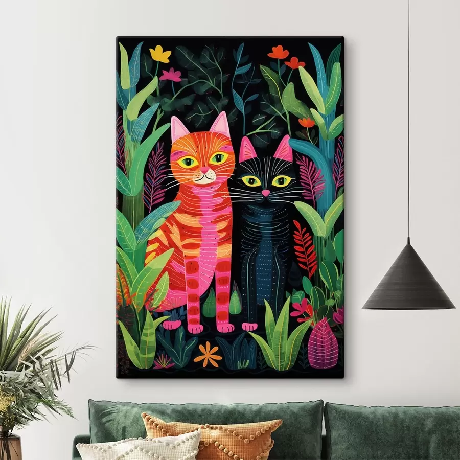  Peintures Deux chats stylisés parmi des plantes aux couleurs vives s47298
