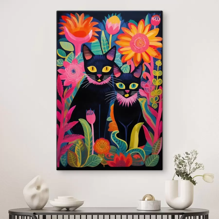  Peintures Deux chats noirs parmi des fleurs aux couleurs vives s47299