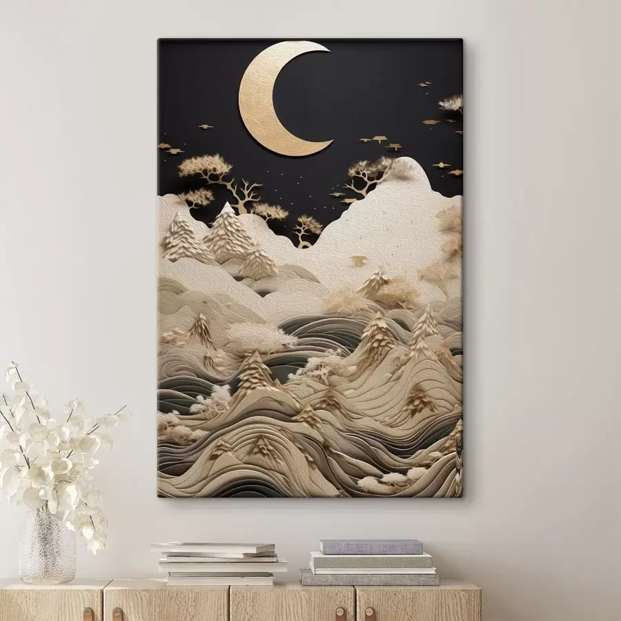  Peintures Montagnes et arbres stylisés sous la lune s47300