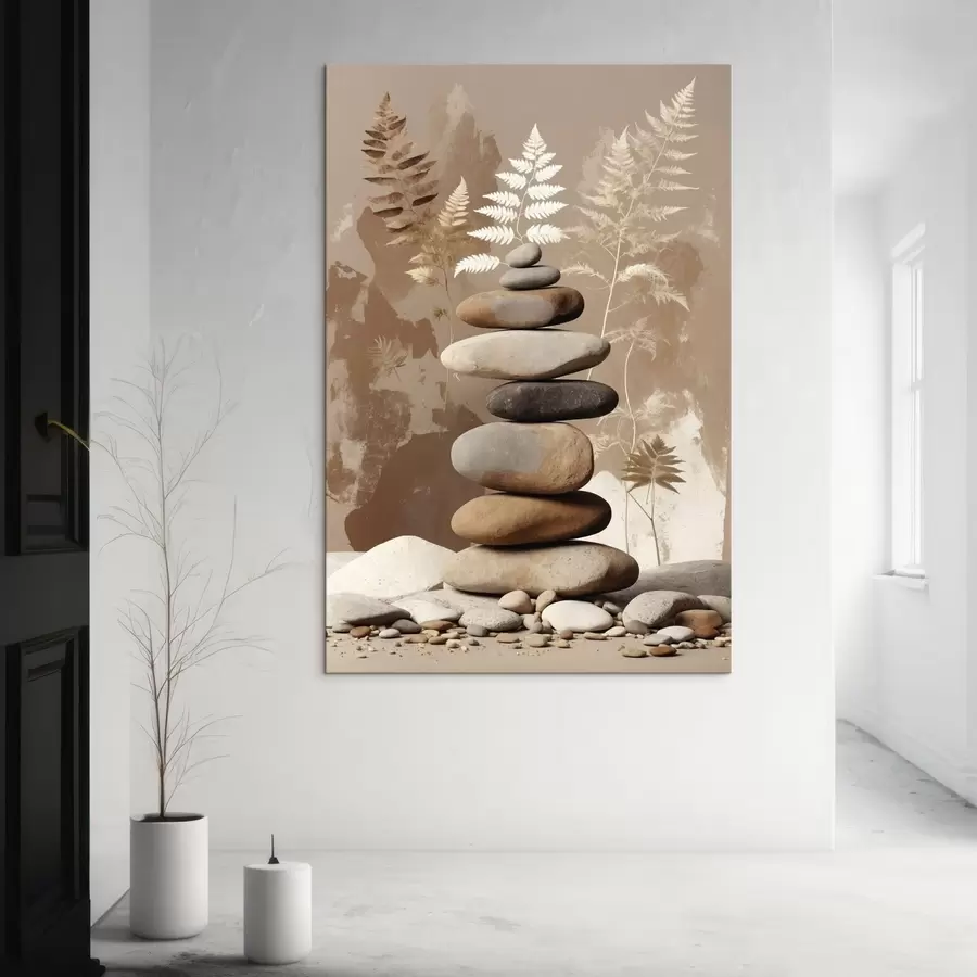  Peintures Pile de pierres lisses avec un arrière-plan botanique s47764