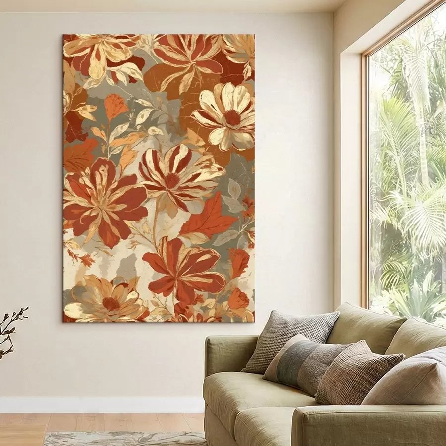  Peintures Motif floral dans des tons chauds rouille et crème s47770