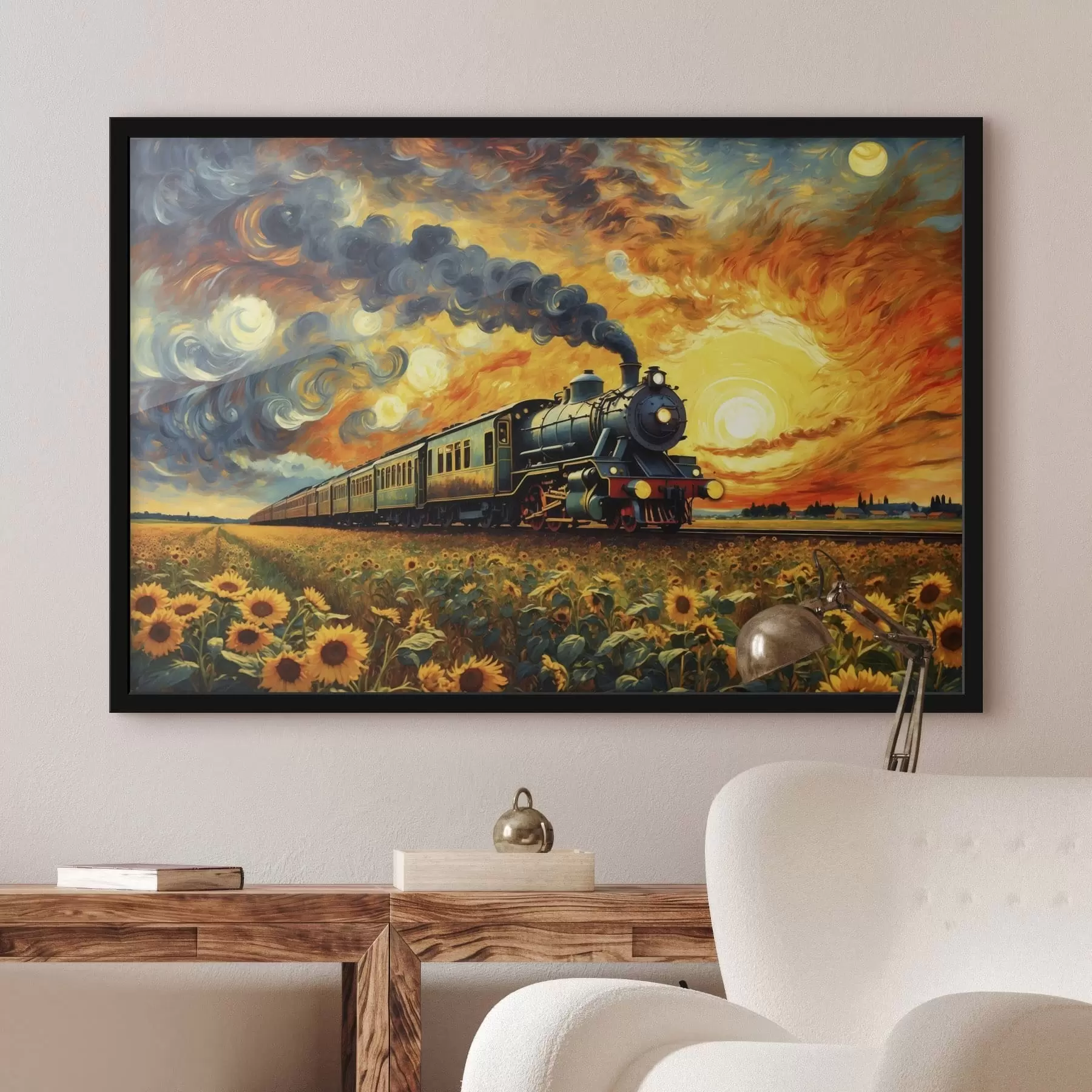 Papier peint photo Train à vapeur dans un champ avec un ciel spectaculaire f47257