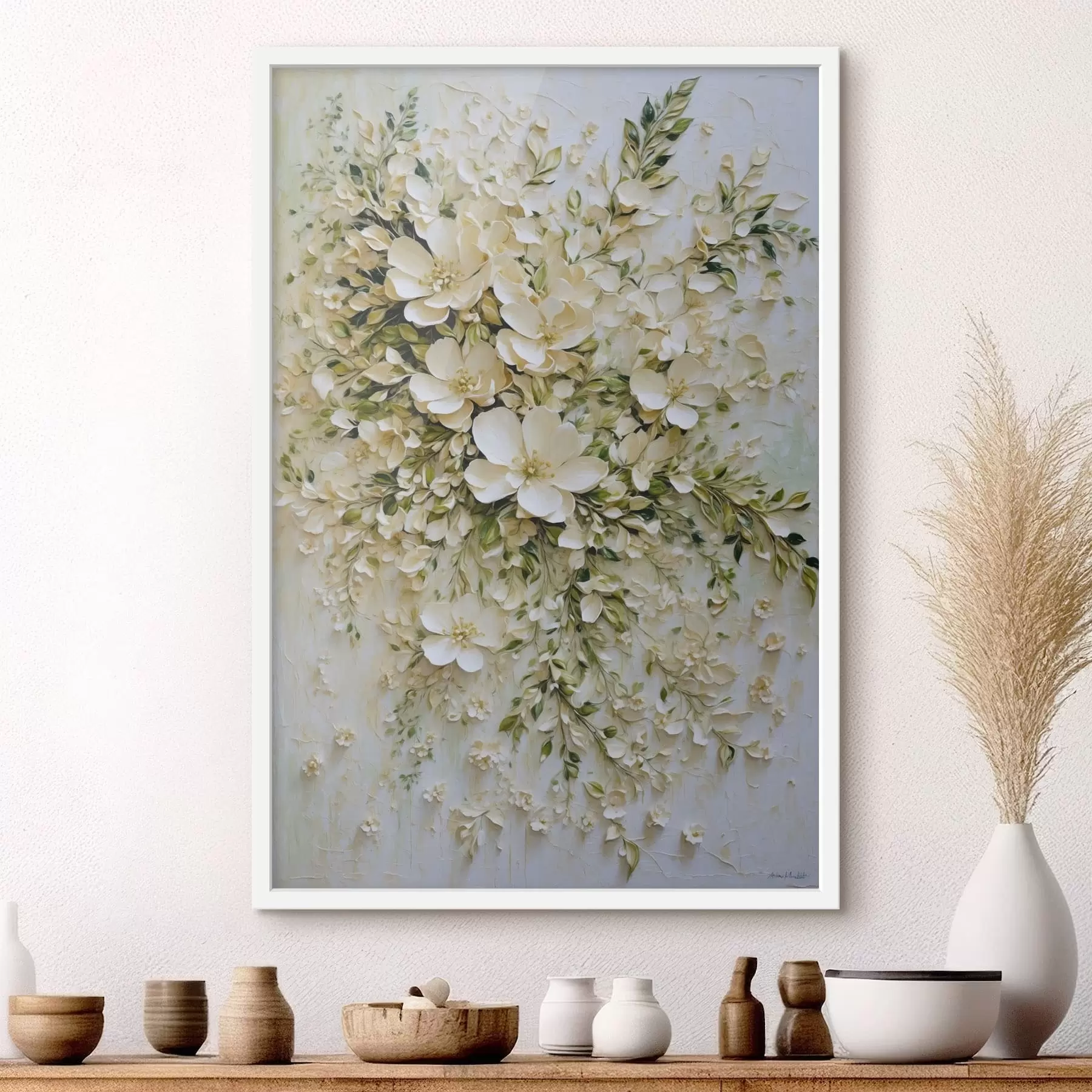 Fotobehang Grote compositie van crèmekleurige bloemen en bladeren f47267