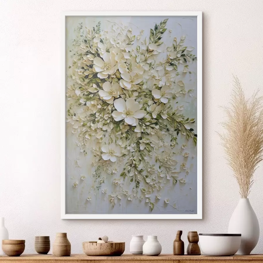 Papier peint photo Grande composition de fleurs et de feuilles crème f47267