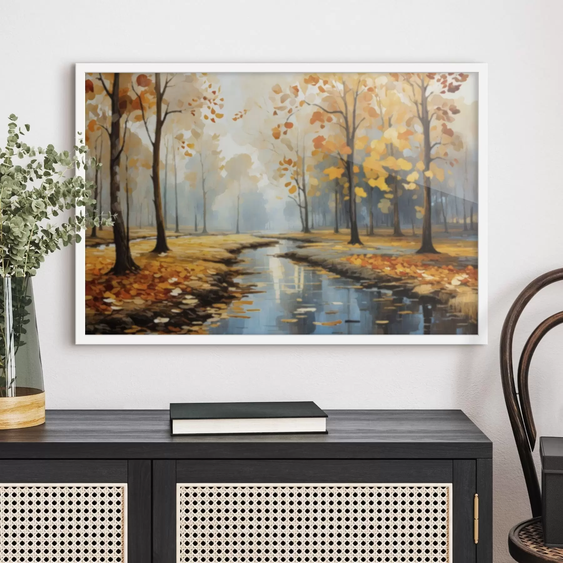 Papier peint photo Forêt automnale avec un ruisseau et des feuilles jaunes f47278