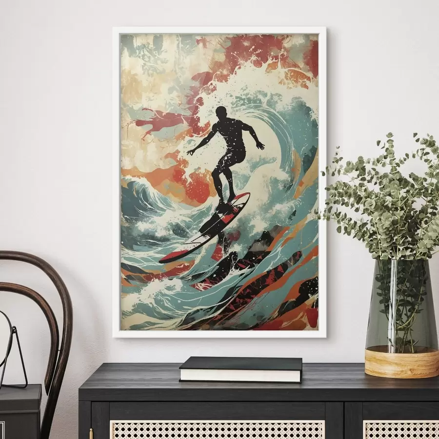 Papier peint photo Silhouette d'un surfeur sur des vagues aux couleurs vives f47284