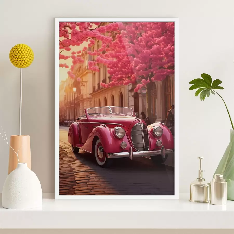 Papier peint photo Voiture rose sous les arbres en fleurs f47295