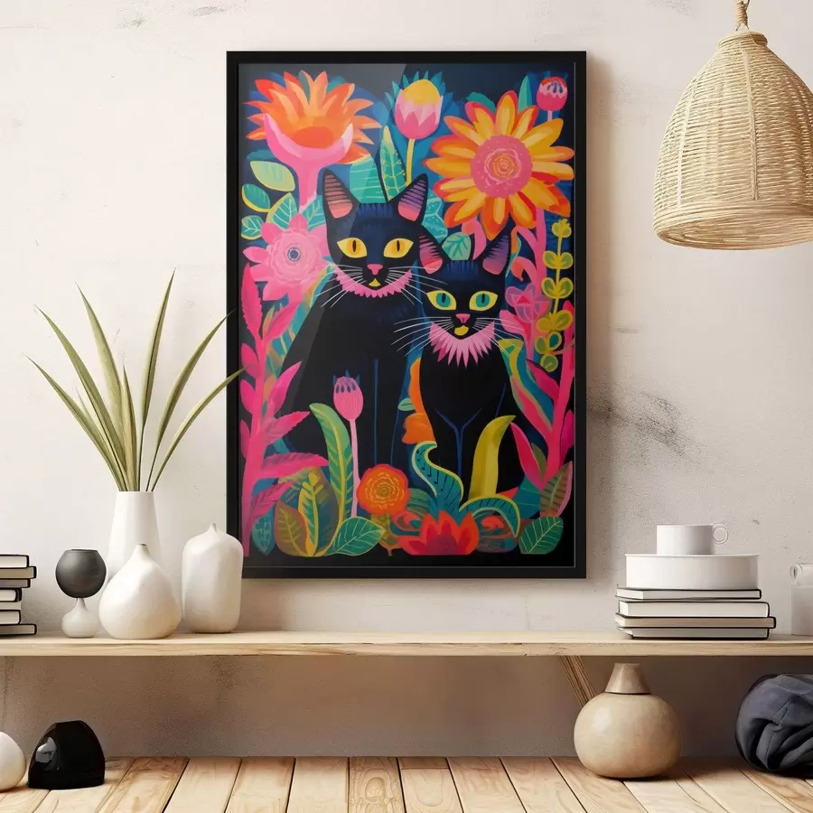 Papier peint photo Deux chats noirs parmi des fleurs aux couleurs vives f47299