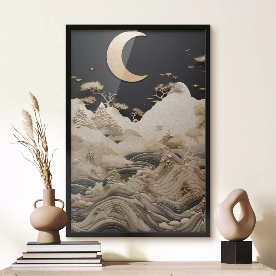 Papier peint photo Montagnes et arbres stylisés sous la lune f47300